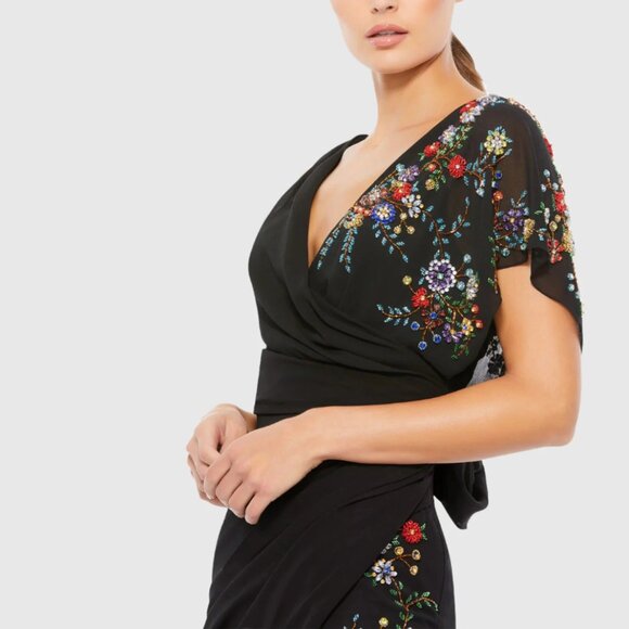 Faux Wrap Multi Colored Beaded Floral Gown - Picture 2 of 7